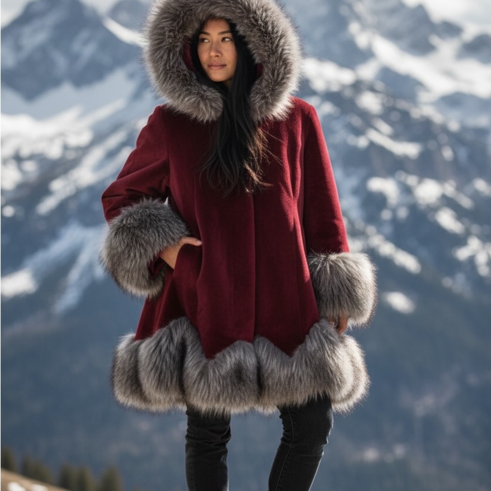 Women's Burgundy Faux Fur Trim Coat